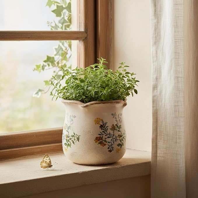 Xiaan Jiaju Ceramic Flower Vase, Rustic Farmhouse Vases & Planting Pots with Drainage, European Home Decor for Mantel Fireplace Bookshelf Wedding Centerpieces Gift, Yellow Blooms