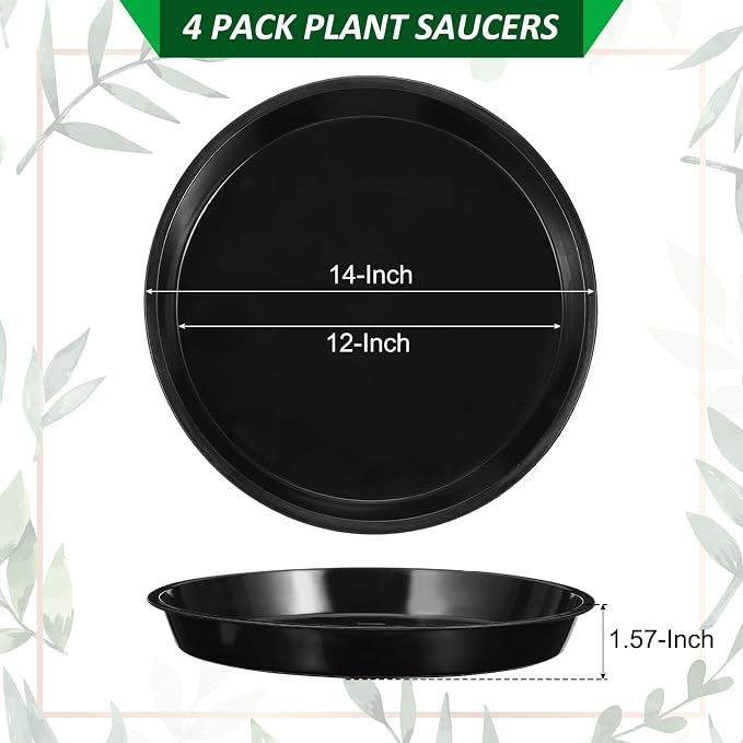 PATIKIL 4 Pack Plastic Plant Saucer, 14 Inch Plant Tray for Pots Round Plant Dish Plant Drip Trays Water Tray for Indoors Outdoors Garden, Black