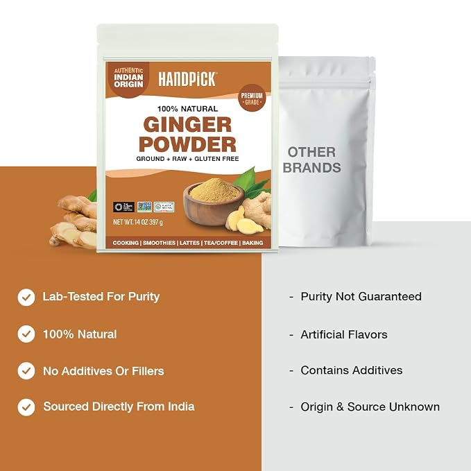 HANDPICK Ginger Powder (14oz/397g) No Additives, No Preservatives, No Fillers | Ginger Root Powder from India | Raw, Gluten Free, Non GMO | Perfect for Cooking | Resealable Pack (Packaging may vary)