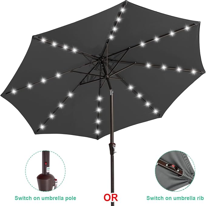 JEAREY 9FT Outdoor Patio Umbrella with Solar Lights, LED Lighted Pool Umbrella with Tilt and Crank, Outdoor Table Umbrellas for Deck, Yard & Market (Dark Gray)