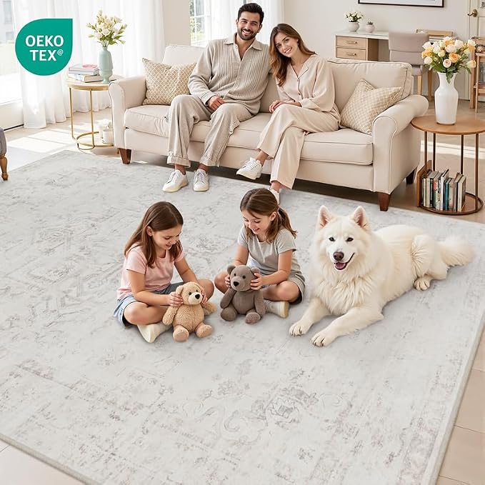 6x9 Area Rugs Living Room: Bedroom Washable Carpet Neutral Cream | Large Vintage Boho Indoor Decor Carpets Soft Nursery Farmhouse Dining Room Office Floor Non-Slip Low Pile Under Table Rug