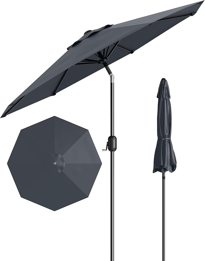 GarveeLife 9 ft Patio Umbrella, Outdoor Table Market Umbrella with Push Button Tilt and Crank, 8 Sturdy Ribs UV Protection Waterproof for Garden, Deck, Backyard, Pool (Grey)