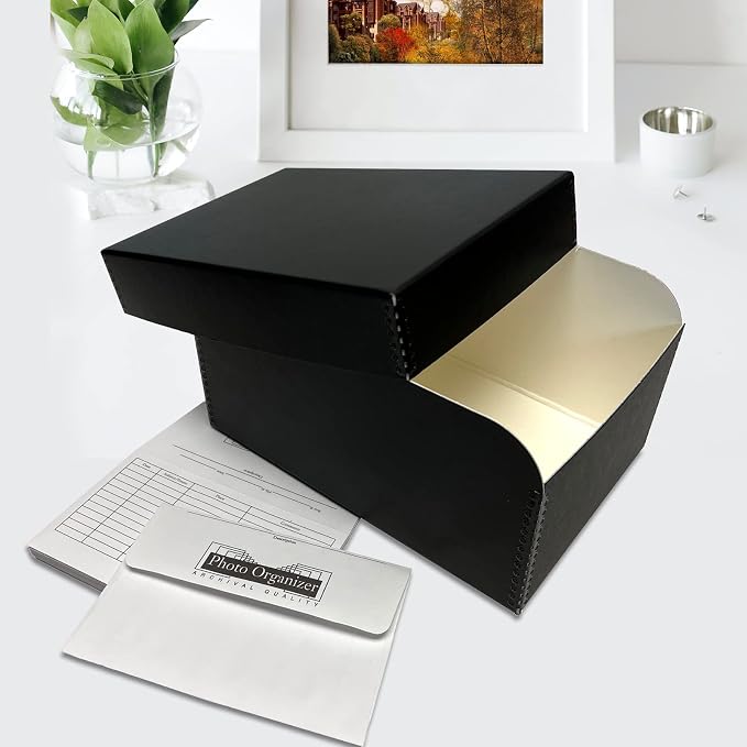 Lineco 4x6 Photo Storage Box, with 12 Envelope, 5.5x7.5x11, Black, 2 Pack | Holds Up to 1000 3.5" x 5", or 4" x 6" Pictures, Metal Edge, Archival Organizer for Cards, Prints, Stickers, Stamps, Seeds