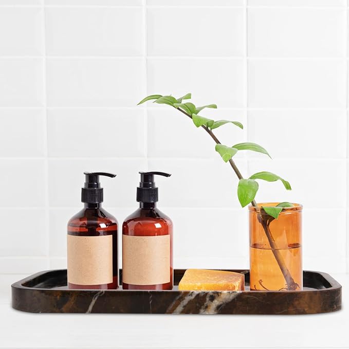 Marble Bathroom Vanity Tray, Natural Marble Home Kitchen Table Tray, Stone Decorative Countertop Serving Organizer for Dresser Coffee Perfume Jewelry Makeup (1, Black Gold L, 12 * 8 * 0.8)