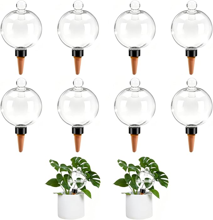 8pcs Plant Self Watering Globes with Covers, Plastic Water Bulbs Top Fill, Plant Watering Devices System Slow Release Terracotta, Water Spikes Stakes for Indoor