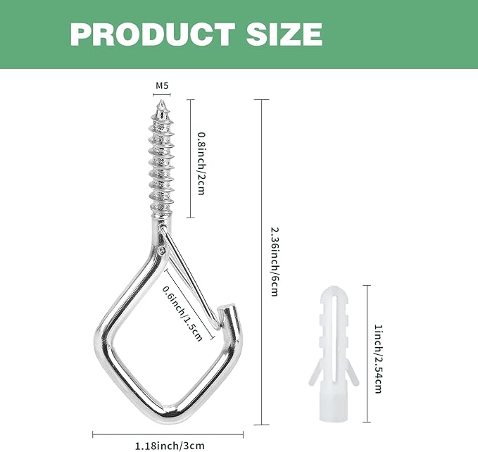 60 PCS 304 Stainless Steel Screw Hooks Kit, Ceiling Hooks for Hanging Plants, String Lights and Wind Chimes, Screw In Hooks with Locking Clip, Outdoor Hanging Hooks with Anchors and Driver Tool