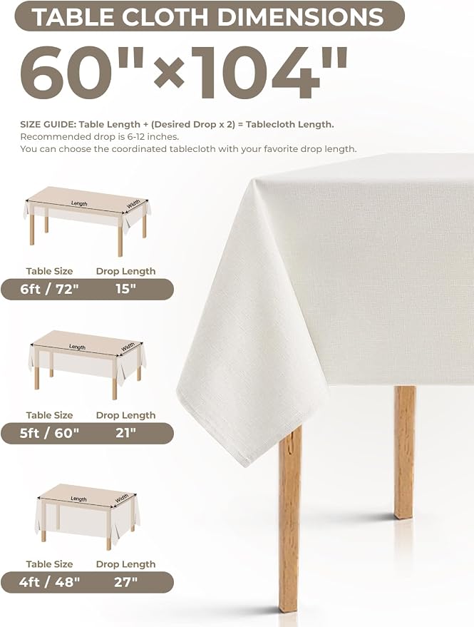 Decorelia Faux Linen Farmhouse Table Cloth 60"x104" for 6 ft Rectangle Table, Ivory Waterproof Outdoor Washable Cloth Tablecloth for Rectangular Dining Room Kitchen Outdoor Party Restaurant Decor