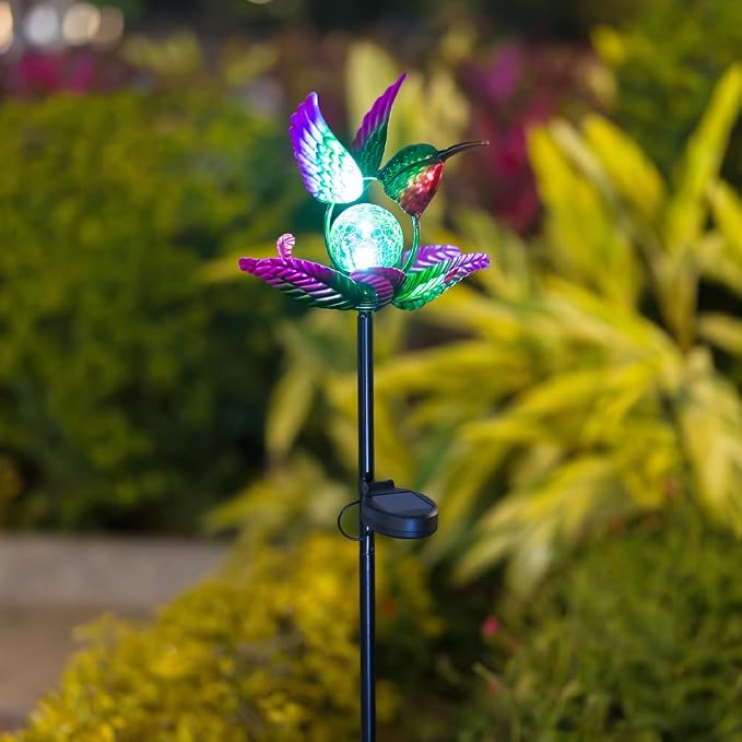 Solar Wind Spinners Outdoor,Green Hummingbird Garden Wind Spinner for Yard Art Lights,Waterproof LED Cracked Glass Ball Pinwheel for Outdoor Yard Lawn Patio Decorations