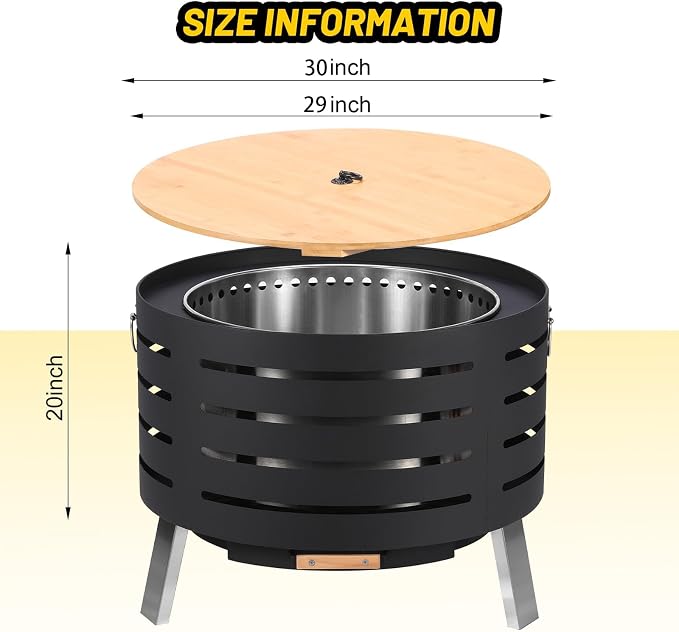 30 Inch Smokeless Outdoor Fire Pit, Outdoor Firepit Table with Removable Ash Pan,Bamboo Lid, Rainproof Cover,Portable Metal Firepit for Patio, Backyard, Camping