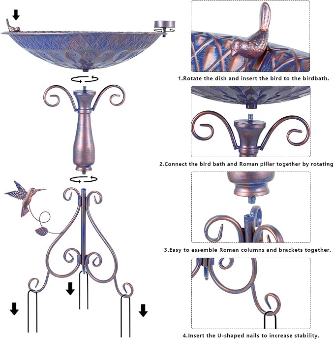 DREAMSOUL 20" Dia Large Bird Bath Stand, Purple Bird Bath for Outside with Peacock Feather Pattern 4" Deep Birdbath for Lawn Patio Decor