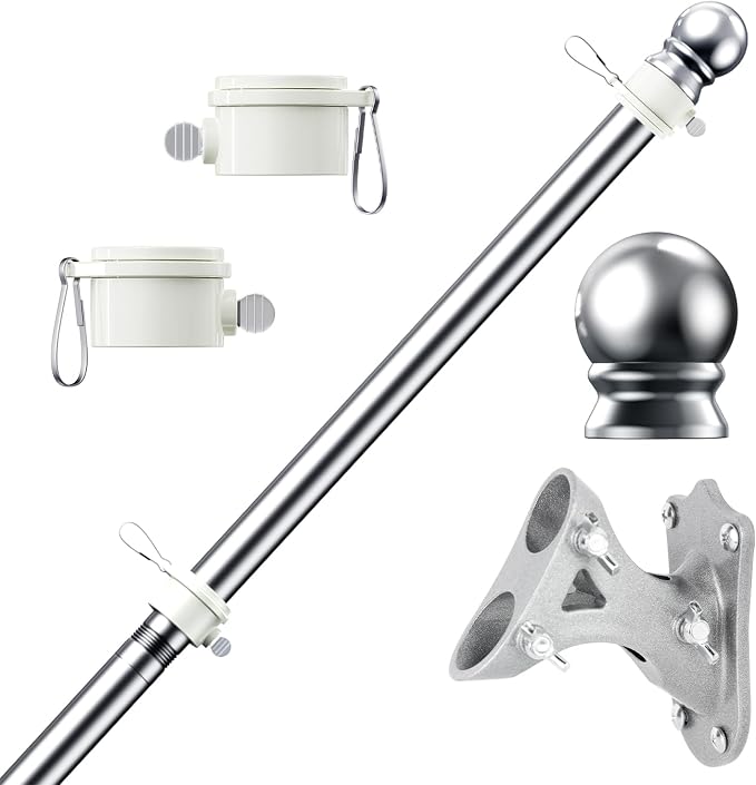 PHITRIC Flag Pole Kit, Tangle Free Spinning Stainless Steel Rustproof Flagpole for 3x5 Sports Fan Outdoor Flags for Outside House (Silver, 5FT, with Bracket)