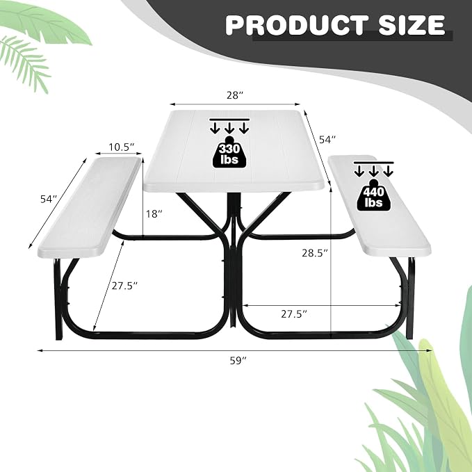 HAPPYGRILL Outdoor Picnic Table Bench Set with Metal Frame & All Weather-Resistant Surface, Camping Table Set for Patio Backyard Poolside Garden Dining Party