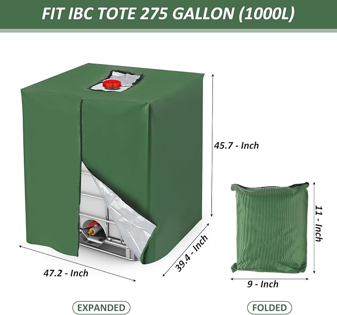 PATIKIL IBC Tote Cover 275 Gallon 420D Fabric Sunshade Waterproof Water Tank Protective Cover with Zipper for 1000L Outdoor Garden Water Ton Rain Barrel, Green (120 * 116 * 100cm)