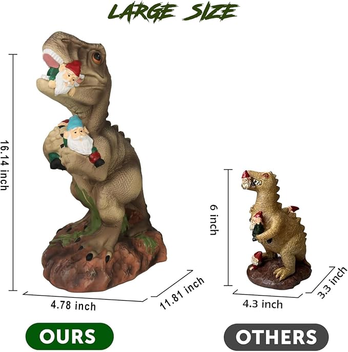 Dinosaur Statue with Gnomes, 16“ Large Outdoor Garden Statues Yard Decor, Funny Dinosaur Holding Gnomes Figurines for Patio Lawn, Weatherproof Gnome Decorations for Home, Unique