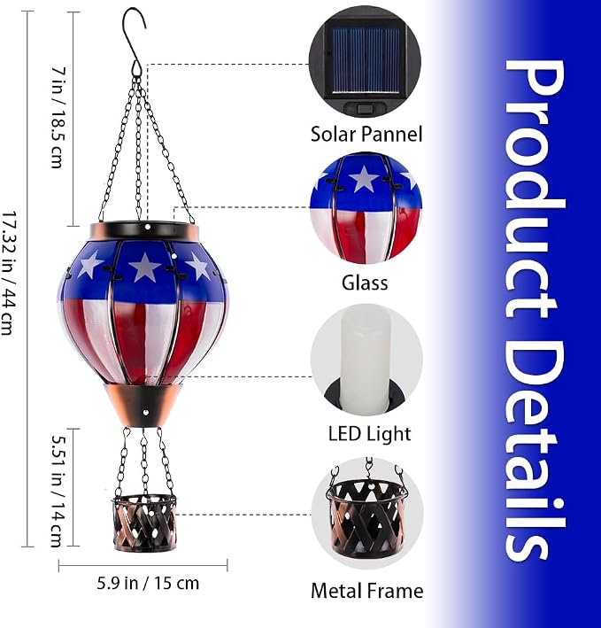 Hot Air Balloon Outdoor Lantern with Flickering Flame, Handmade Glass Solar Lantern with Flag Pattern Waterproof Lantern Lamp for Patio, Garden, Porch | Handmade Glass Outdoor Lantern, Flickering Flame, Waterproof Lantern Lamp for Patio, Garden, Porch,...