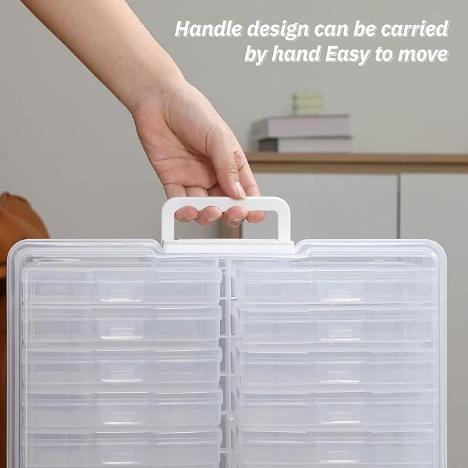 PCA Photo Storage Box 4" x 6" With Handle - 16 Inner Keeper, Large Organizer, Clear Plastic Craft Case for Stickers, Stamps, Jigsaw, Vegetable Seeds