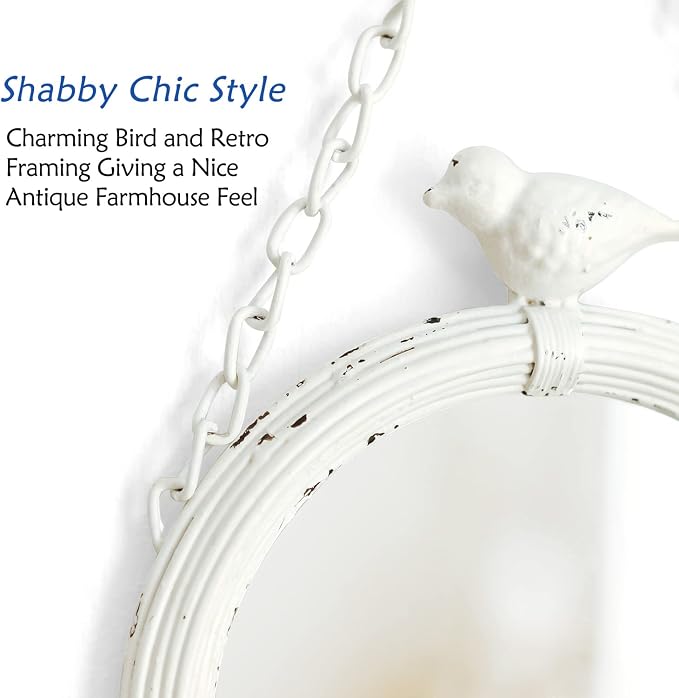 NIKKY HOME 6.7 Inch Decorative Small Hanging Mirrors Vintage Rustic Round Metal Framed Wall Mounted Mirror Decor with Bird for Bathroom Living Room Office, Rustic White