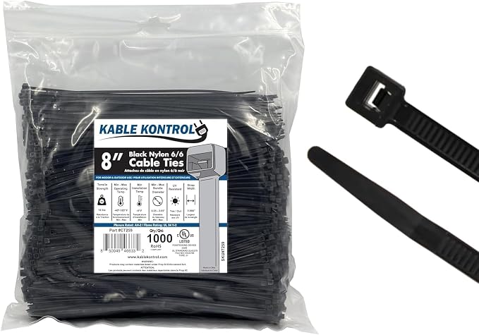 Kable Kontrol Cable Zip Ties 1000 Pcs 8 Inch Black, 18 Lbs Tensile Strength, Self-locking UV Resistant Plastic Nylon Wire Ties, for Indoor or Outdoor Use