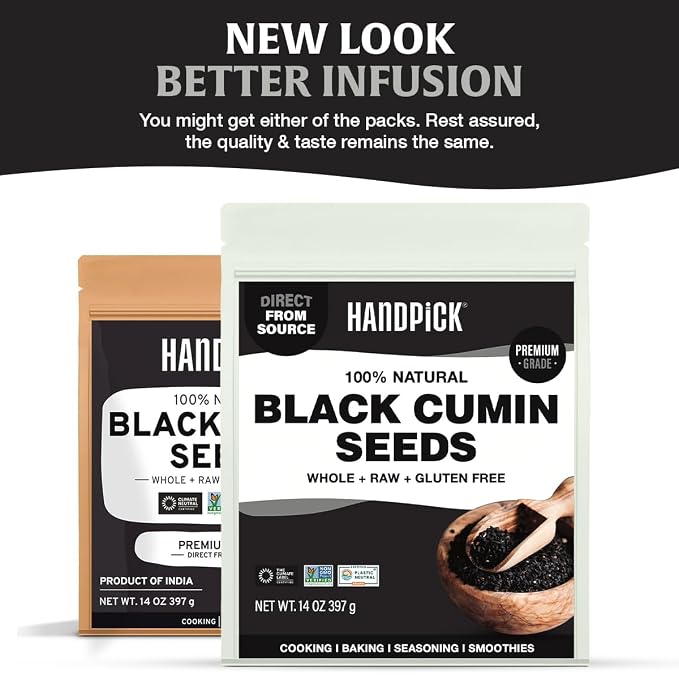 HANDPICK Black Cumin Seed (14oz) Pure Nigella Seeds - No Salt or Preservatives, Non GMO | Indian Black Whole Cumin | Gluten Free, Aromatic & Farm Fresh Kalonji | Resealable Zip Lock Pouch