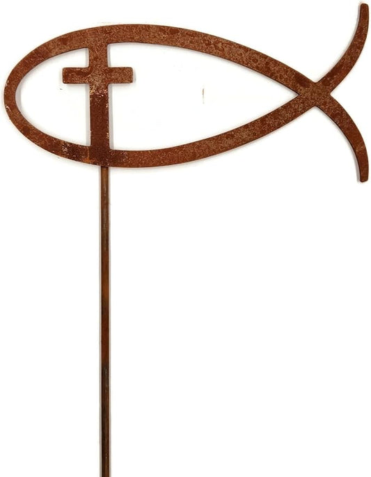Christian Jesus Fish Metal Steel Garden Landscape Stake 20 to 33 Inches Tall (Jesus Fish with Cross 23" Tall Including Stake, Naturally Rusted)