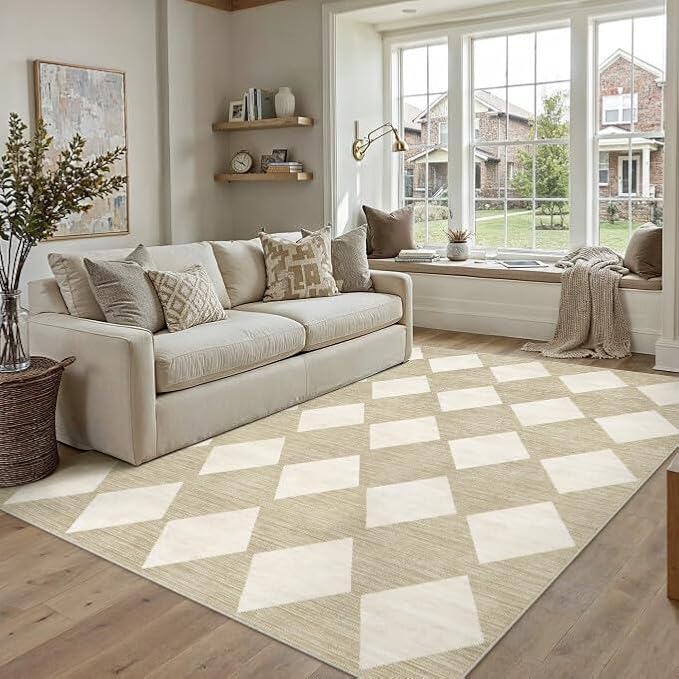 5x7 Washable Area Rug Living Room Beige Non Slip Checkered Carpet | Soft, Low Pile, Easy Clean, Diamond Pattern for Bedroom, Office, Nursery, Dining Room, Kids Room, Modern Neutral Decor