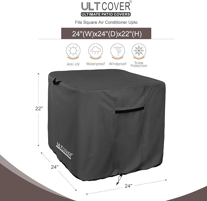 ULTCOVER Waterproof Square Air Conditioner Cover for Outside AC Units Size Upto 24W x 24D x 22H inch, Black