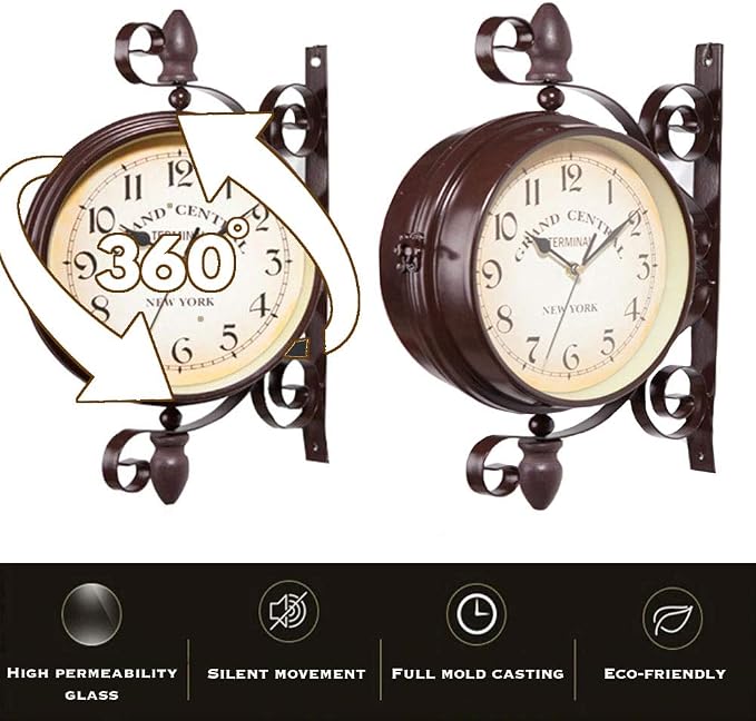 Vintage Double Sided Wall Clock Vintage Industrial Wall Clock for Outdoor Decorative Art Antique Decor Office Kitchen Silent Watches 360 Degree Rotate Antique