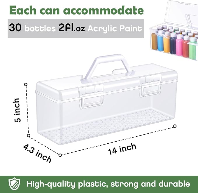 Threehoney 1 Pcs Acrylic Paint Storage Box for 2 Fl. oz Acrylic Paints, Portable Craft Art Organizer with Handle, 30 Bottles Capacity Plastic Art Supply Clear Boxes (White)