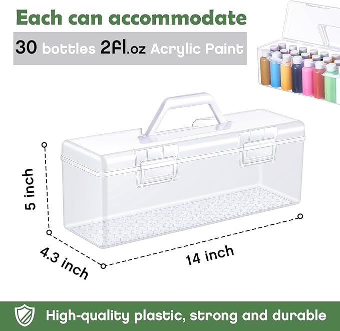 Threehoney 3 Pcs Acrylic Paint Storage Box for 2 Fl. oz Acrylic Paints, Portable Craft Art Organizer with Handle, 30 Bottles Capacity Plastic Art Supply Clear Boxes (White)