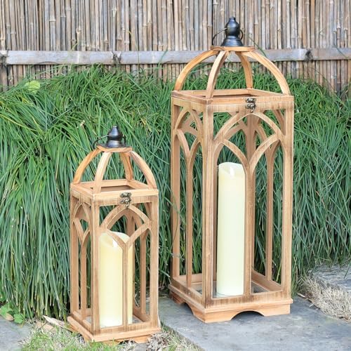 Large Farmhouse Wooden Lantern Decorative Indoor & Outdoor,30‘’/20‘’H Set of 2 Rustic Hanging Candle Lanterns, Wooden Outdoor Lanterns for Patio Front Porch Table, Natural Wood - Image 2
