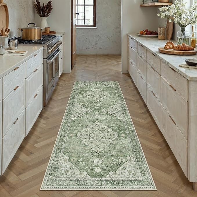 Sage Green Runner Rug 2x6 Kitchen Vintage Floral Non-Slip Carpet | Machine Washable, Soft, Low Pile, Distressed, for Hallway, Entryway, Laundry Room, Bathroom, Retro Farmhouse Decor