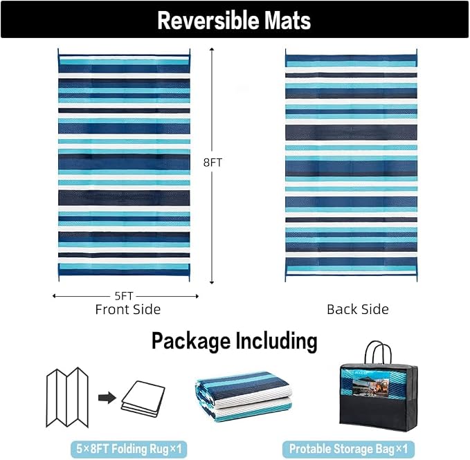 HUGEAR Outdoor Plastic Straw Rug, Waterproof Mat, Washable Large Floor Mat and Rug for Outdoors, RV, Beach, Patio, Camping, Backyard, Deck, Picnic, Indoor Outside (5x8ft,Stripe/Blue&White)