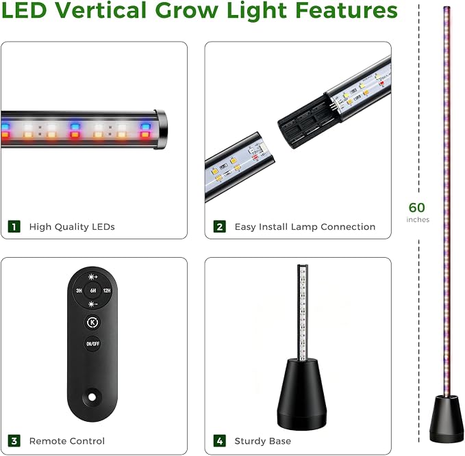 Grow Lights for Indoor Plants with Timer, 2PCS 60 Inch Vertical Grow Light Full Spectrum 384 LEDs 48W with Remote 3/6/12H Auto On/Off 3 Light Modes 5-Level Dimmable Standing Plant Lamp