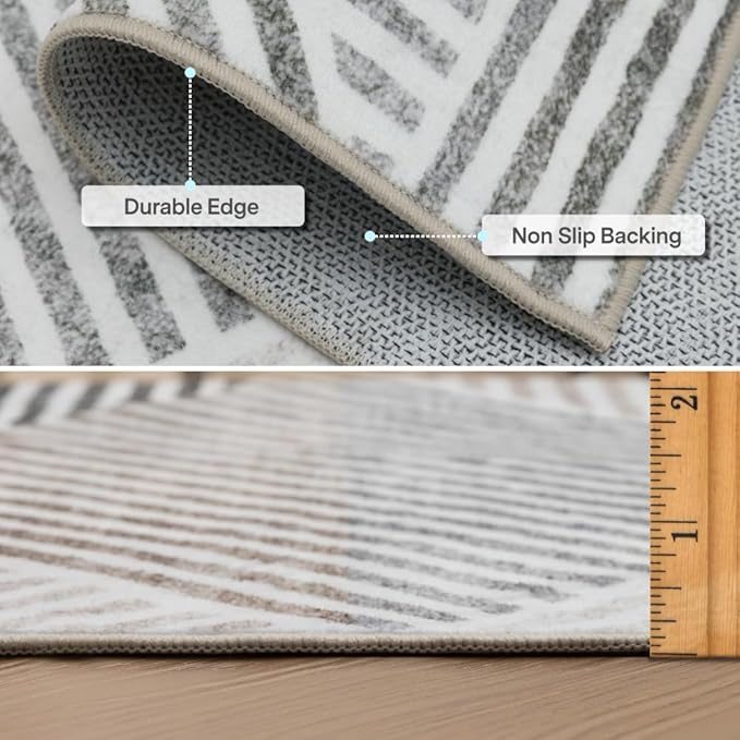 Machine Washable Area Rug Runner - Living Room Bedroom Bathroom Kitchen Entryway Office - Padded Low Pile Stain Resistant Premium - Modern Geometric Contemporary - Miles - Beige 2'6"x6'