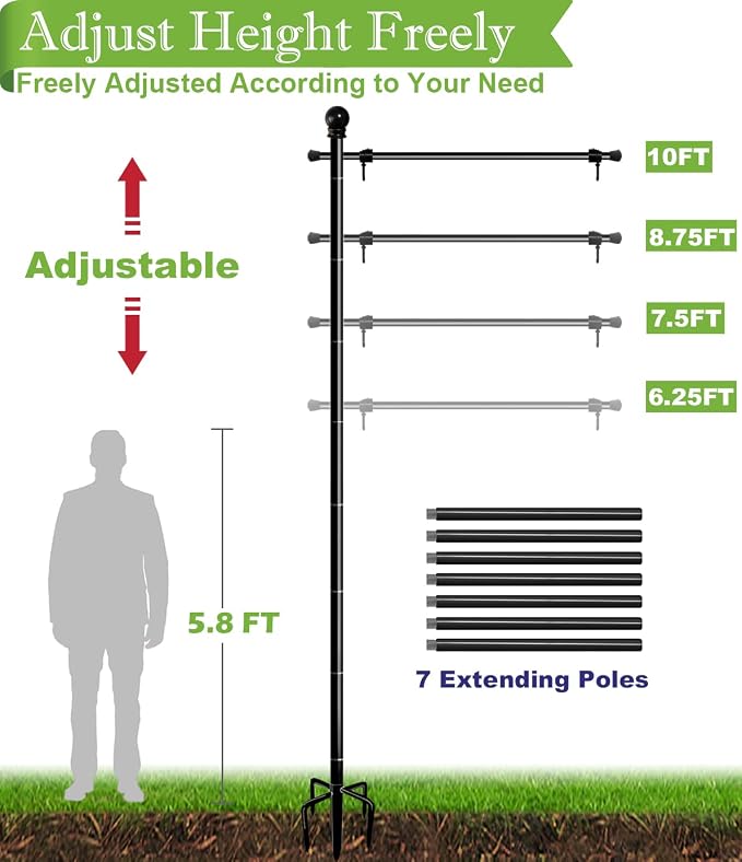 Koutemie 10FT Garden Flag Pole Stand with 5 Prong Base for 3x5 American Flags, Adjustable Heavy Duty Outdoor Flagpole Holder Kit for Yard Decoration, 1 Pack