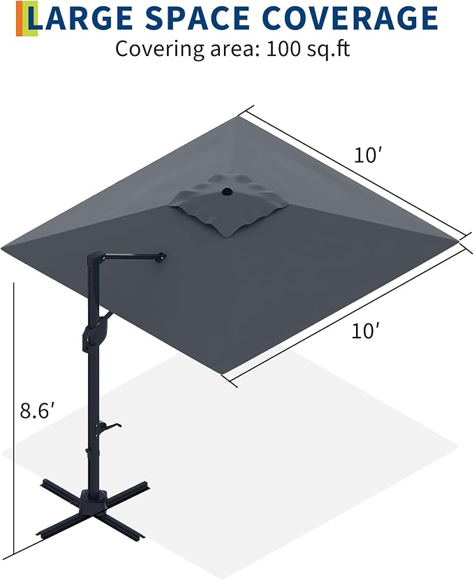 PeakPursuit 10' x 10' Square Cantilever Umbrella - Heavy Duty Aluminum Patio Sun Shade Offset Umbrella with 360-Degree Rotation for Outdoor Decor, Backyard, Deck, Pool