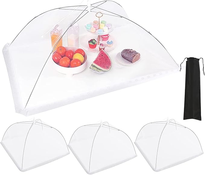 JULBEAR 4 Pcs Extra Large Mesh Food Cover Tent Umbrella for Outside Parties | Mesh Netting, Picnics Outdoor BBQs, Collapsible Reusable Food Covers for Outside, 1 Pcs 40"x24", 3 Pcs 17"x17" Food Nets