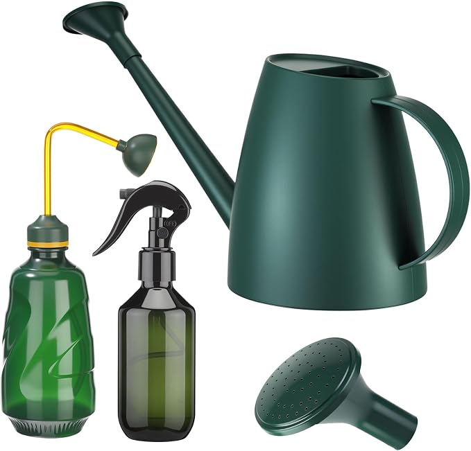 Reallnaive 1/2 Gallon Long Spout Watering Can Set for Indoor & Outdoor Plants – Includes Spray Bottle, Squeeze Bottle, Watering Globes & Soil Moisture Meter for Garden & House Plants(Dark Green)