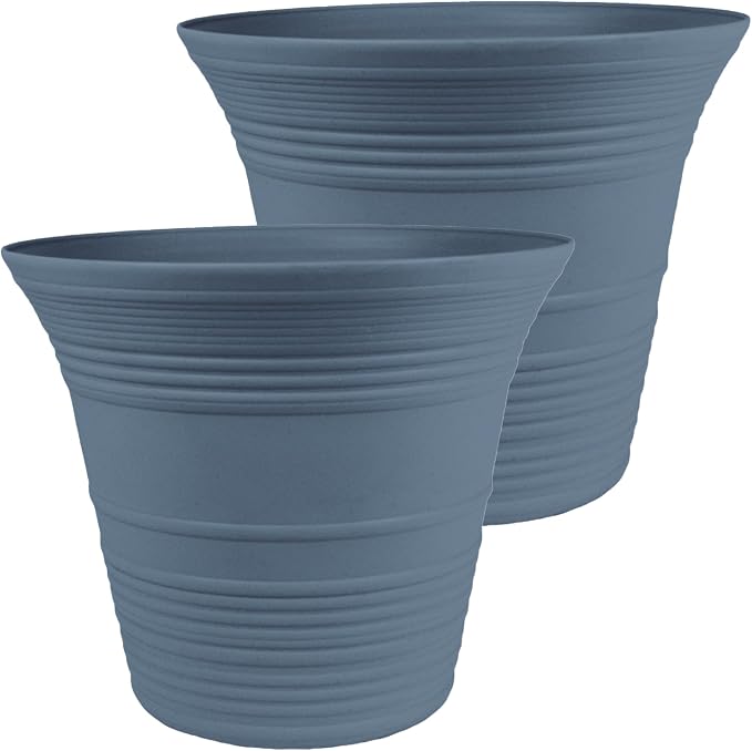 The HC Companies 16 Inch Sedona Round Self Watering Planter Pots, Lightweight UV-Resistant Plastic Indoor & Outdoor Planters, 2-Pack Flower Pots for Garden & Home Decor, Slate Blue