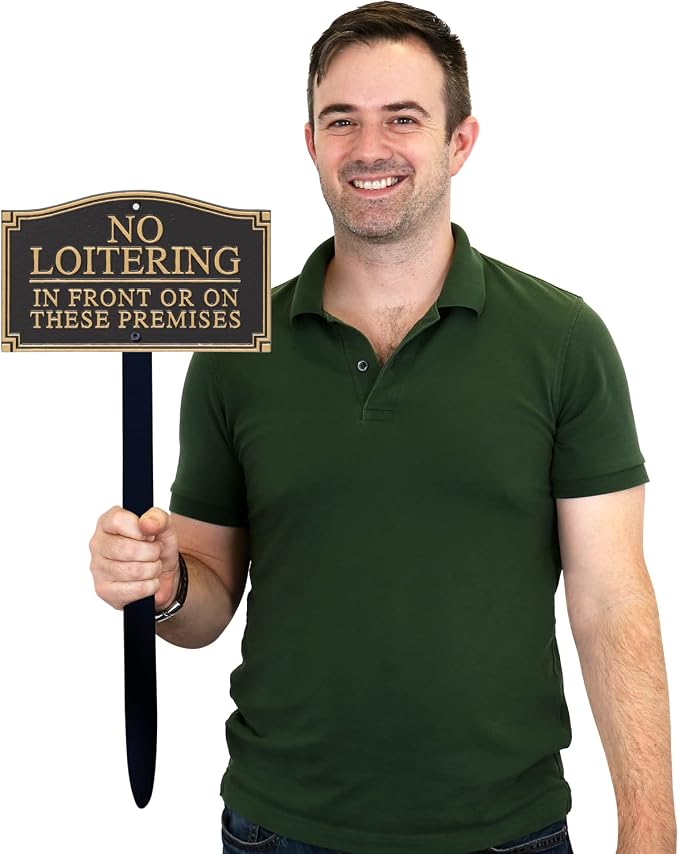 SmartSign “No Loitering In Front Or On These Premises” GardenBoss Statement Plaque | 5.75" x 9.5" Aluminum Plaque with 18" Black Lawn Stake