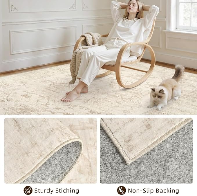 Washable Area Rugs 2x3: Living Room Bedroom Carpet Beige/Brown | Vintage Boho Indoor Decor Soft Small Entryway Throw Neutral Kitchen Bathroom Laundry Floor Non-Slip Low Pile Entrance Rug