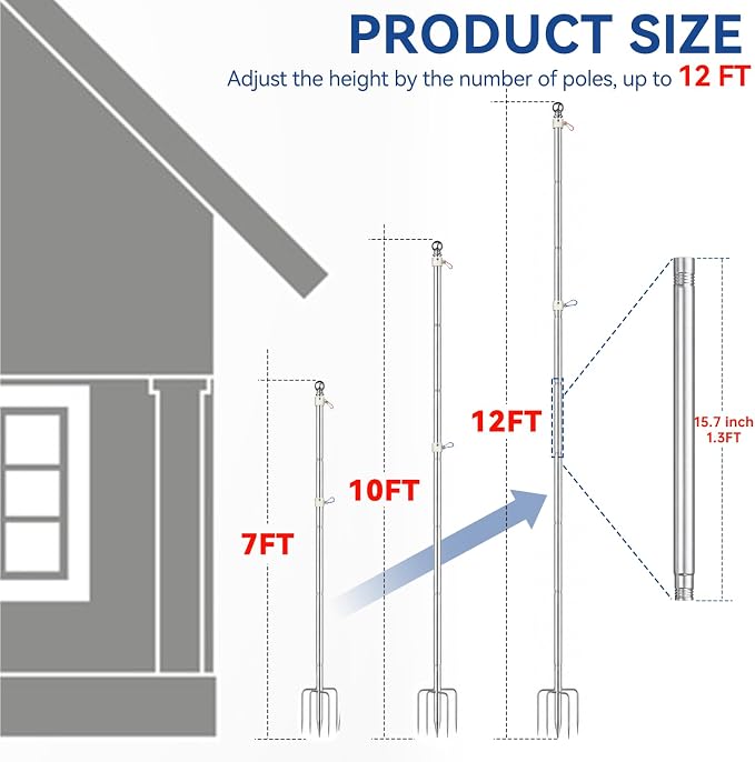 ZMTECH 7 FT Flag Pole in Ground, Heavy Duty Flag Pole Holder for Outside House with 5 Pronges Base, Extra Thick Flag Pole Kit for Yard Outdoor Garden Decor Residential Commerical Silver