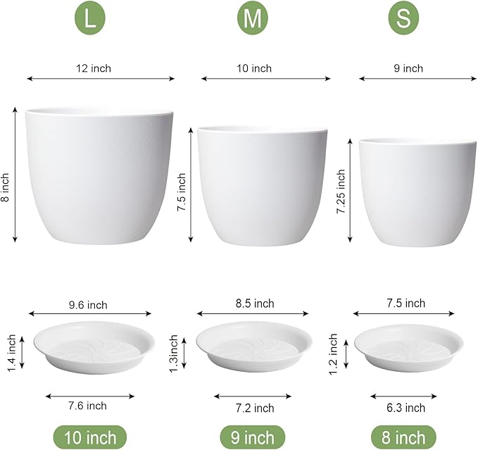 WSMKSZ 12/10/9 inch Large Plant Pots, 3 Pack Modern Decorative Plastic Planters with Drainage Holes and Saucers, Flower Pots for Indoor Outdoor Plants, White