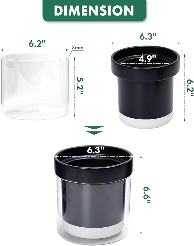 Phoenix Vine 6 Inch Self Watering Planter Pot, Black Terracotta Clay Pot with Glass Reservoir for Indoor Plants, Herbs, Flowers, Set of 2, 52-C-F-2