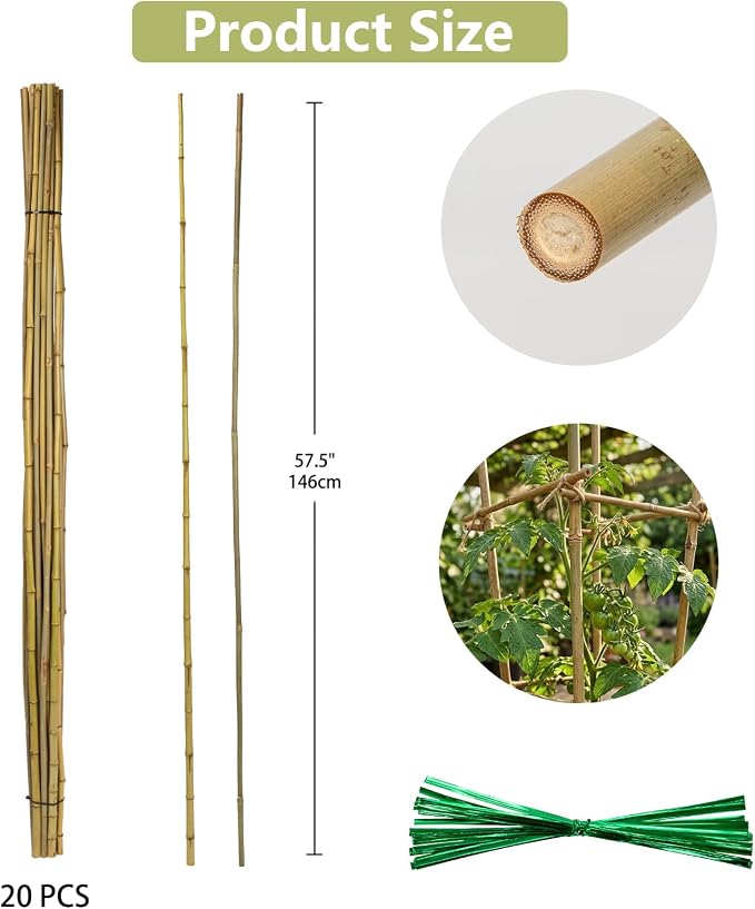 Plant Stakes Natural Bamboo Sticks - 20 Pcs Bamboo Garden Stakes for Plants 4.8 FT Plant Support Sticks with Twist Ties for Tomatoes Beans Flowers Indoor Outdoor Potted Climbing Plants