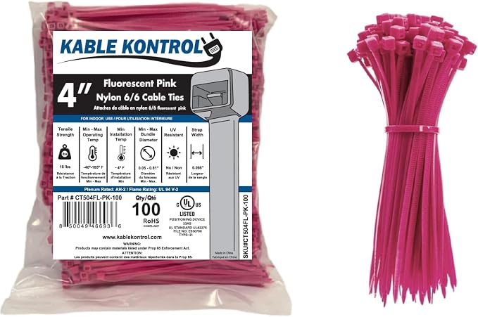 Kable Kontrol Fluorescent Pink Zip Ties 4 Inch 100 Pcs, 18 Lbs Tensile Strength, Self-locking Nylon Colored Cable Ties Wire Wraps for Indoor or Outdoor Use…