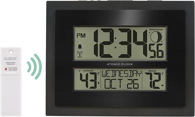 La Crosse Technology 512-65937-INT Atomic Digital Wall Clock with Temperature & Forecast & 513-75624-INT Digital Atomic Clock with Outdoor Temperature and Moon Phase