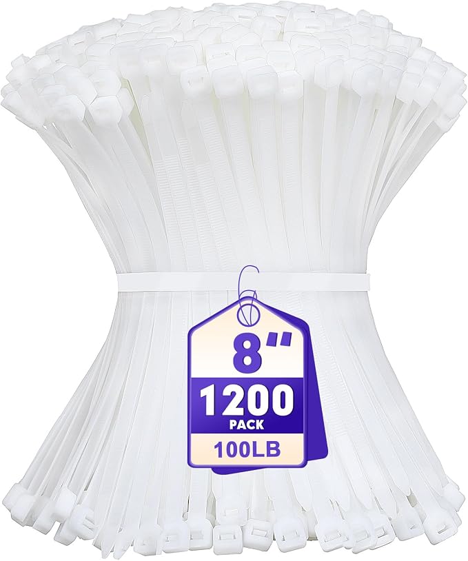 Zip Ties, RAZCC 1200pcs White Cable Zip Ties 8 Inch, Heavy Duty Plastic Wire Ties with 100lb Tensile Strength, Self-Locking White Nylon Tie Wraps for Indoor and Outdoor