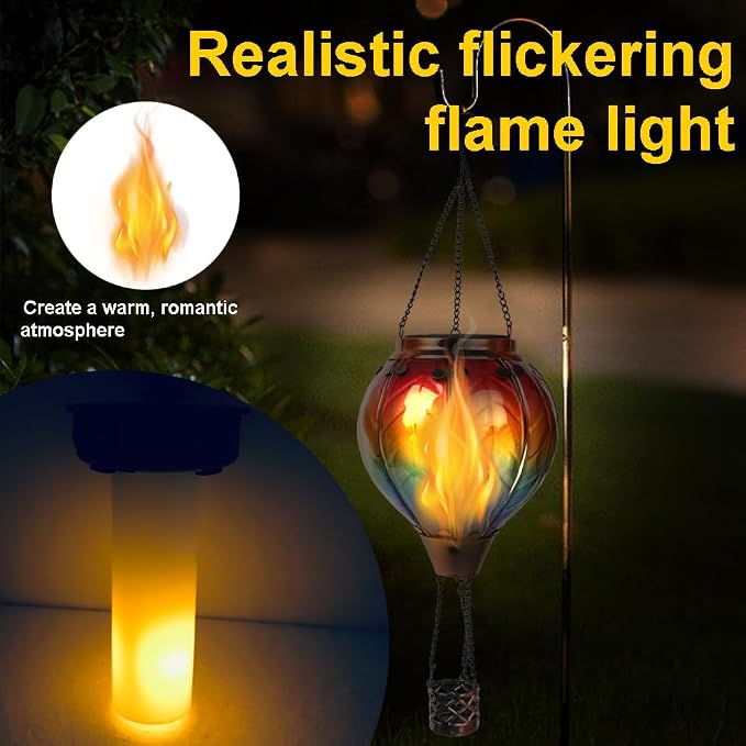 2PCS Solar Hot Air Balloon Flickering Flame Hanging Garden Light with Shepherd's Hooks, 18" H Waterproof Glass Outdoor Lantern for Yard Patio, Mother's Day Gift, Colorful-2PCS