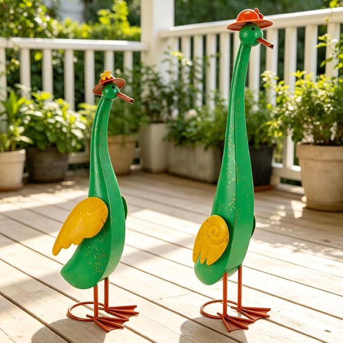 22" Duck Garden Statue Set of 2 Metal Ducks | Outdoor Yard Art Porch Animal Figurine Lawn Ornament Rustproof Yard Sculptures for Outside Patio Backyard Decorations